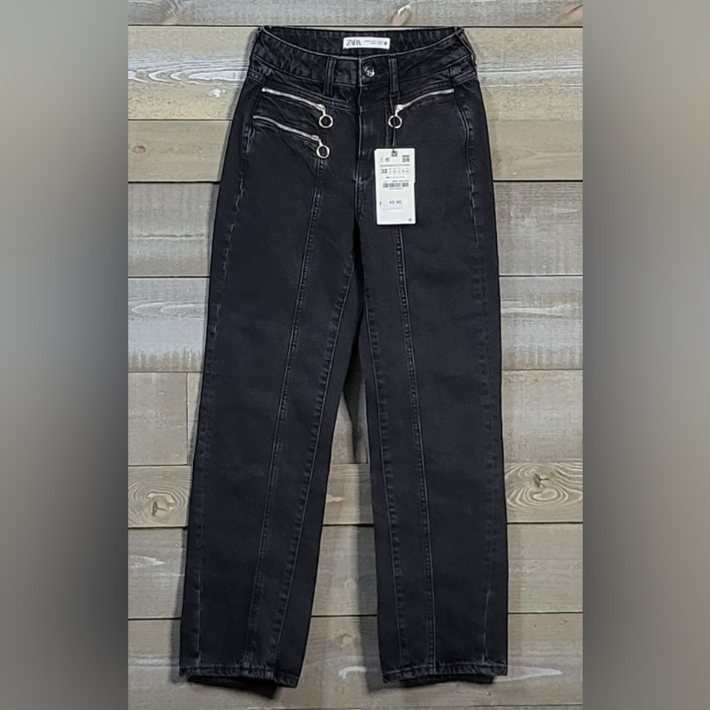 NWT Zara z1975 Straight Leg High Waisted Zipper Details Jeans